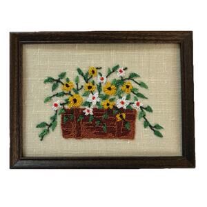 Vintage 70s Framed Crewel Embroidery Yellow & White “Flowers in a Basket”